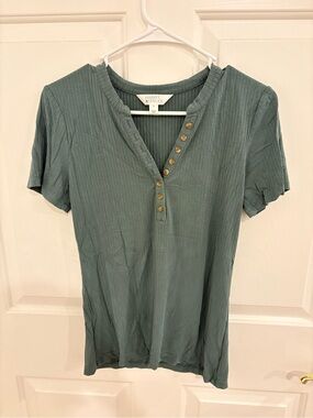Market & Spruce Teal-Green Ribbed Short-Sleeve Henley Top